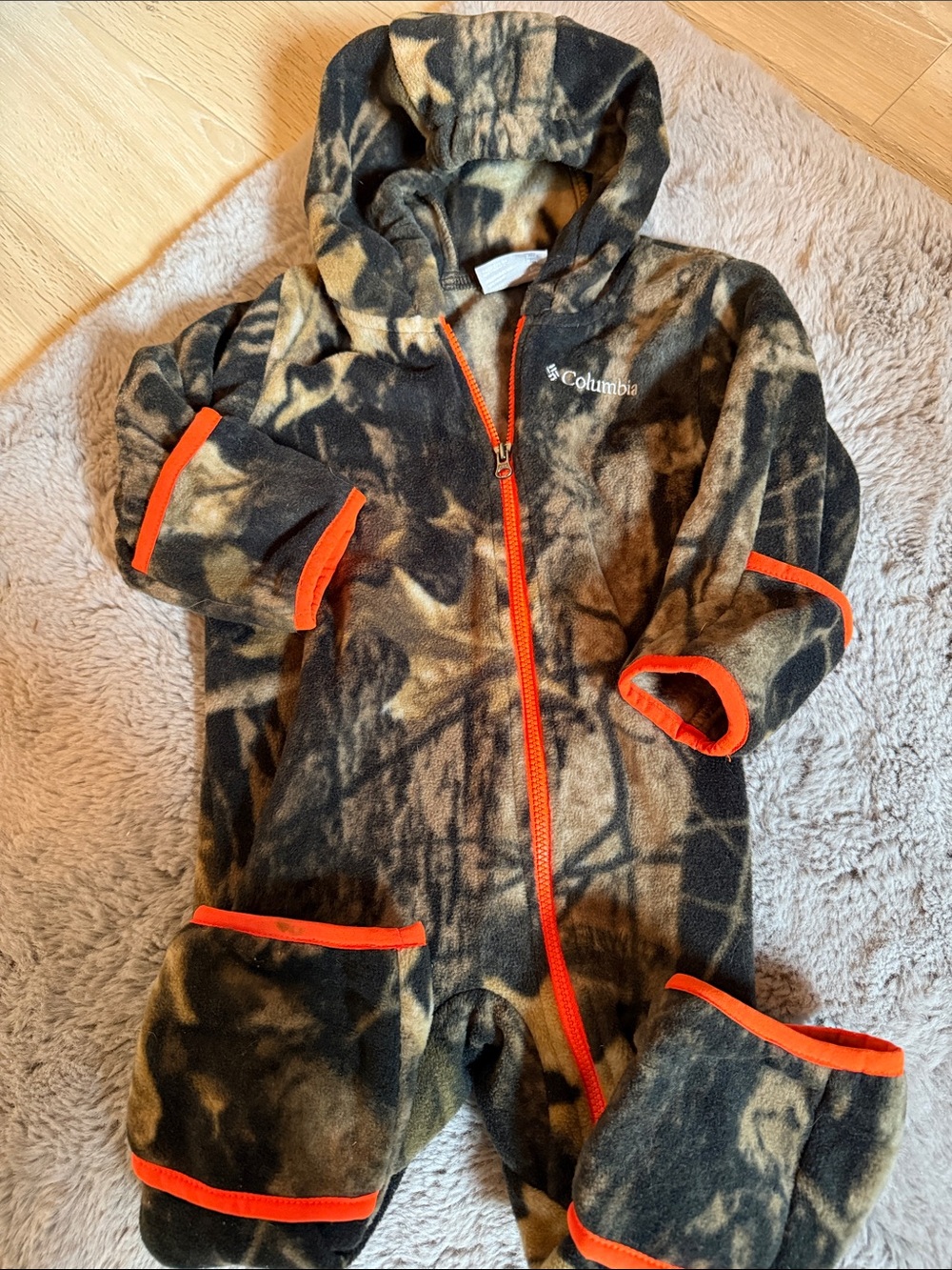 Columbia Kids Hooded Camo Fleece One-Piece with Orange Trim